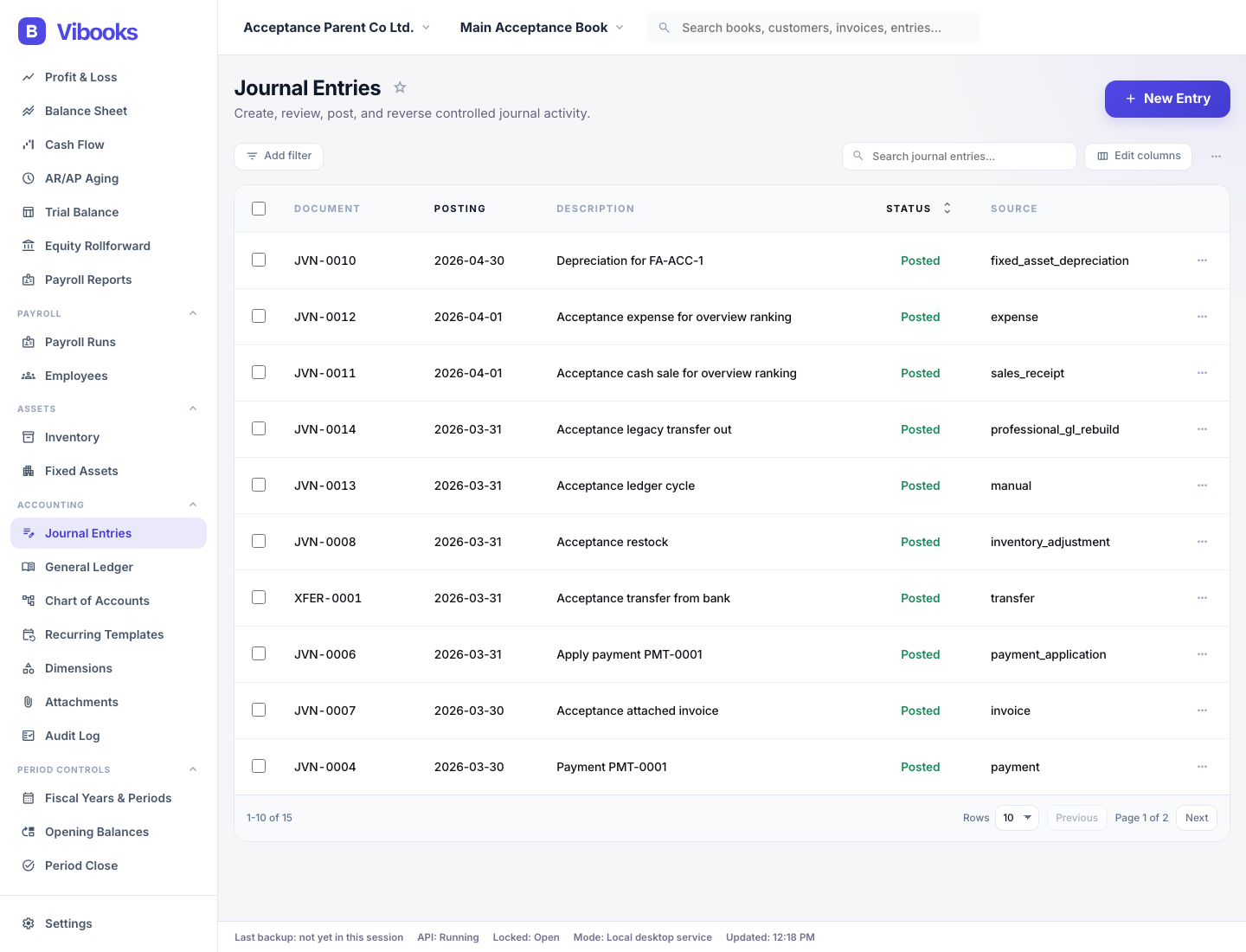 Vibooks journal entries workspace with posted bookkeeping activity and source-linked documents.